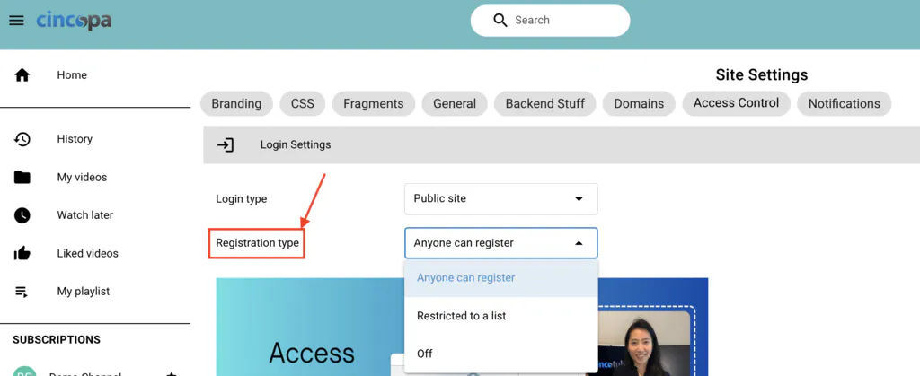 Cincopa Tube registration settings for public access, open registration and approved audiences