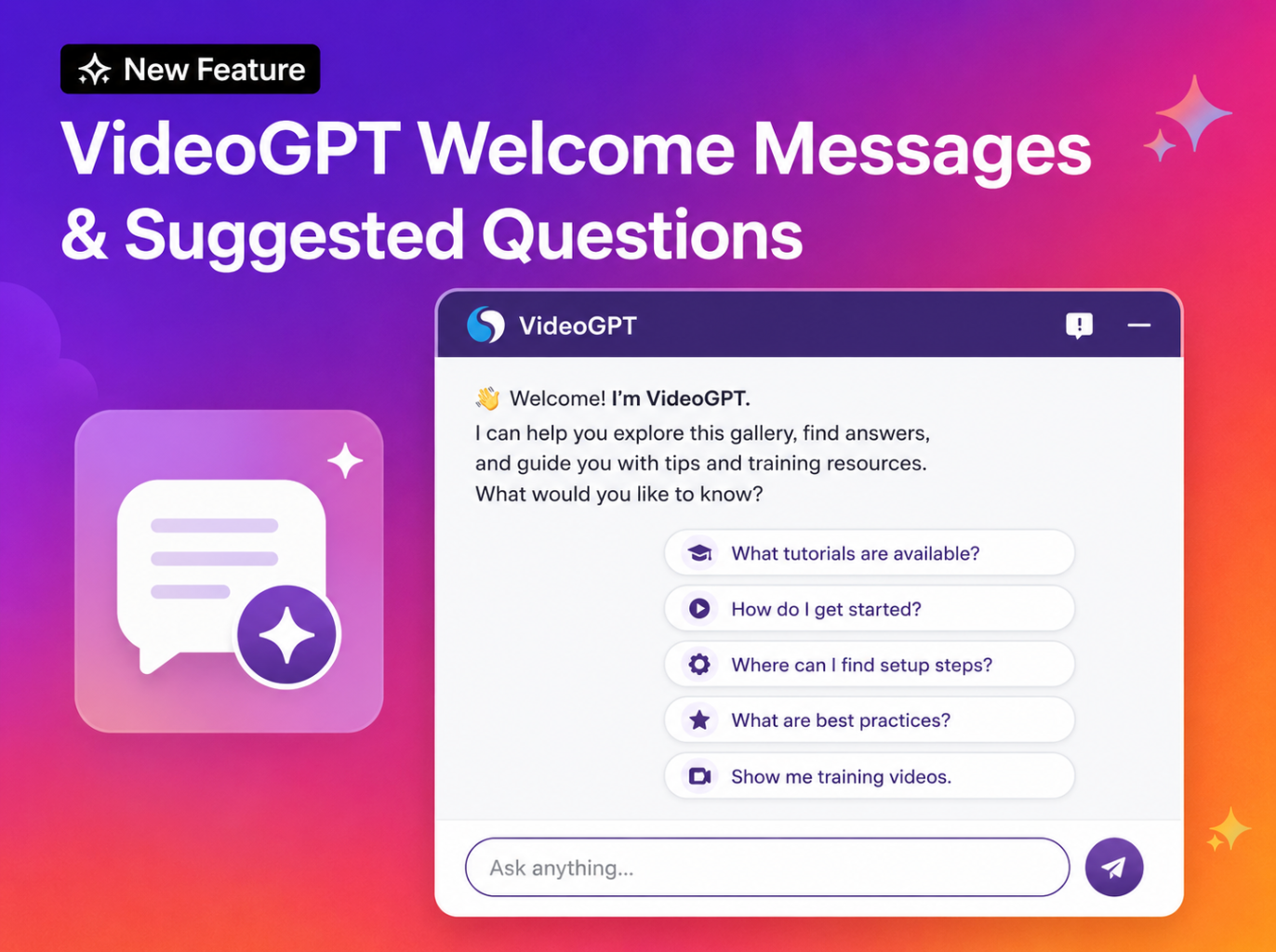 VideoGPT welcome message and suggested starting questions