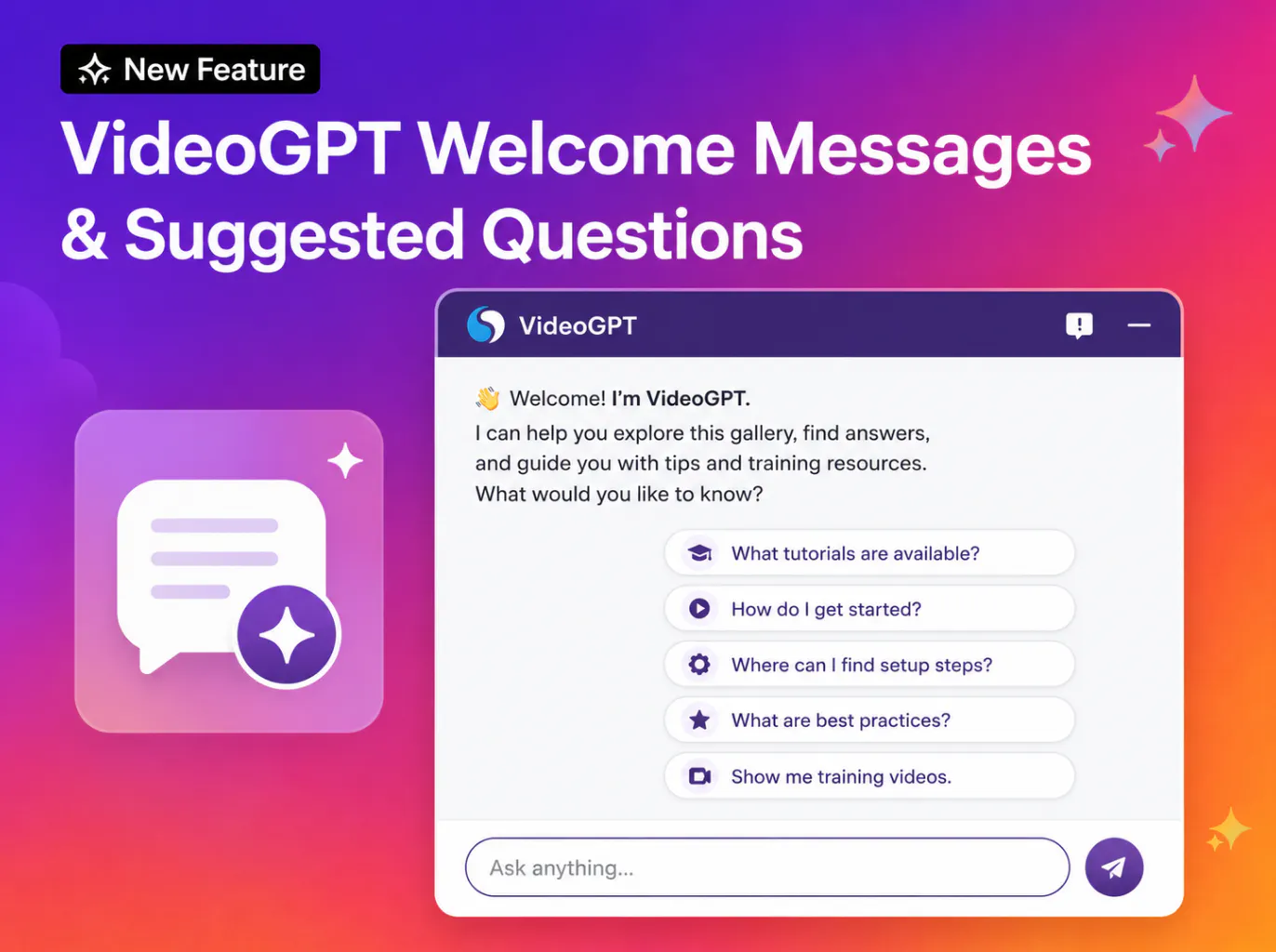 VideoGPT welcome message and suggested starting questions