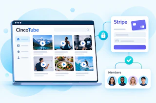 Illustration of a CincoTube video membership library connected to Stripe payments.