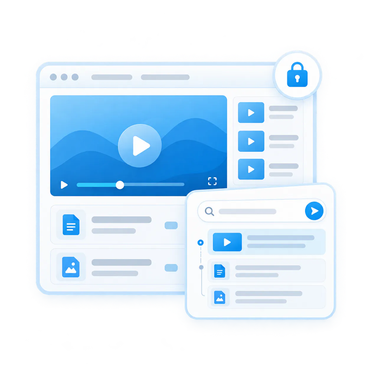 Internal video and document knowledge library with an AI search panel and controlled access