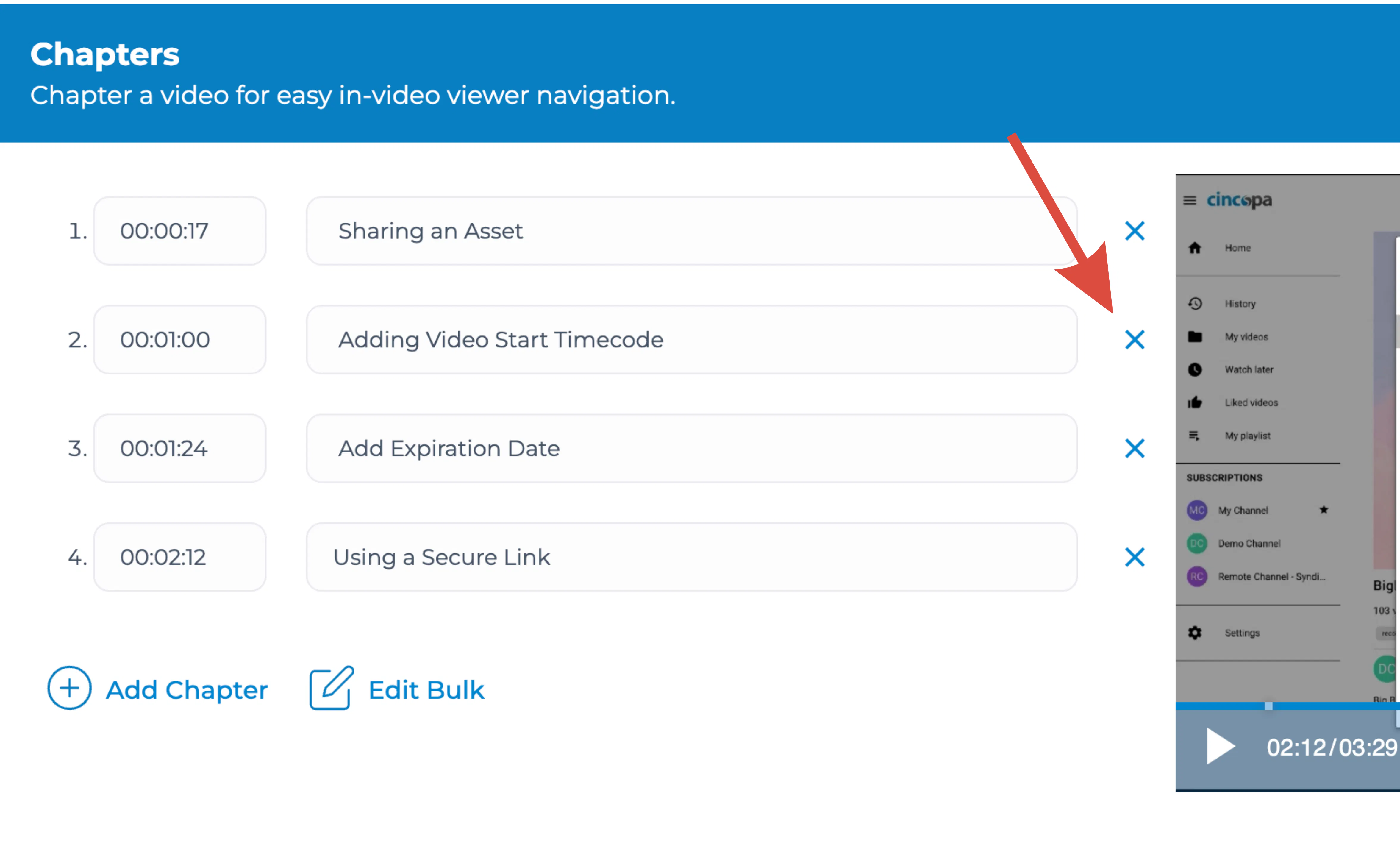 Click X to remove a particular chapter, or click the title and timecode to make further edits.