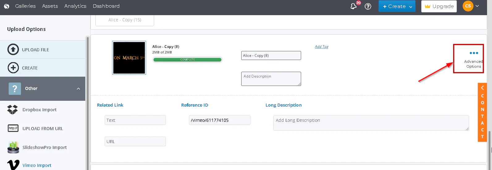 Import Assets using Vimeo importer