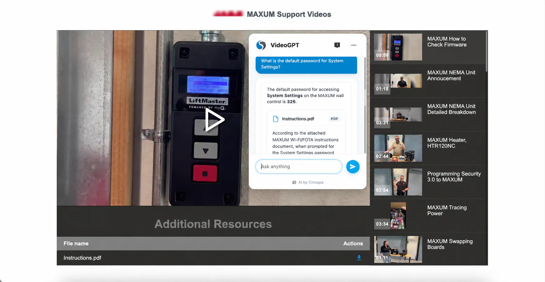 Chamberlain MAXUM support gallery with VideoGPT citing Instructions.pdf to answer a System Settings password question, and Instructions.pdf listed under Additional Resources.