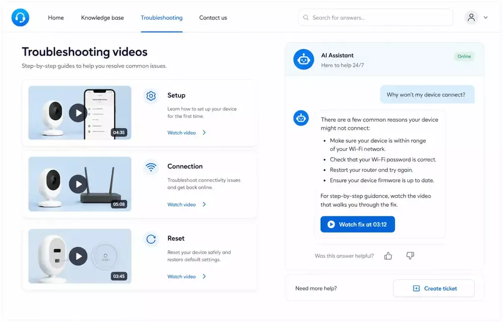 Customer support video knowledge base answering repeated product questions