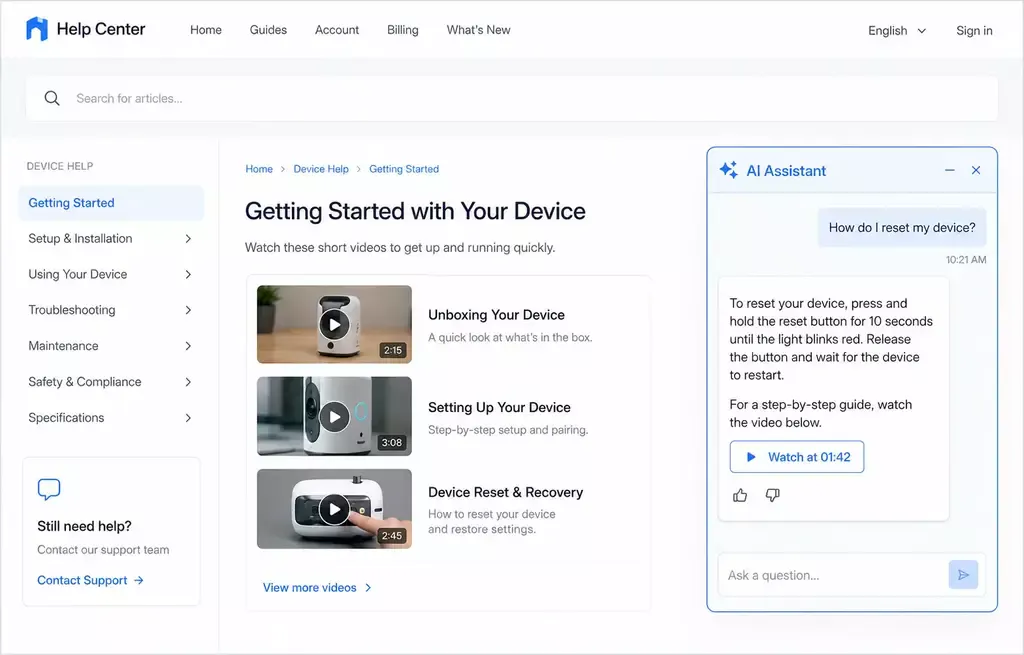 Knowledge base embedded in an existing help center