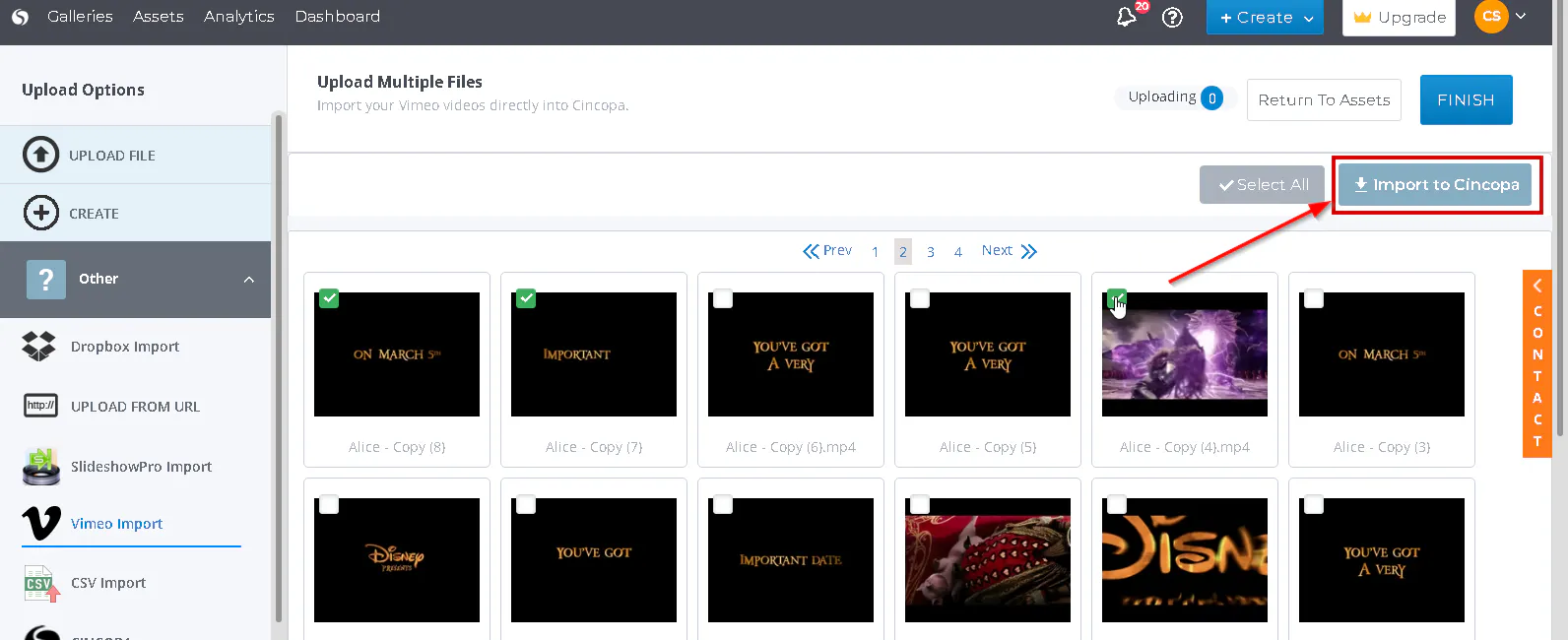 Import Assets using Vimeo importer