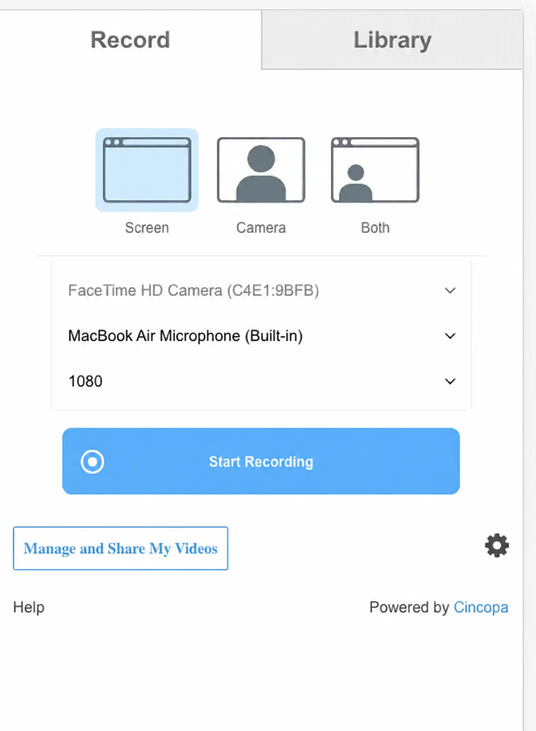 RecTrace recording interface with screen, camera and combined recording options, device settings, recording button and Cincopa Library access