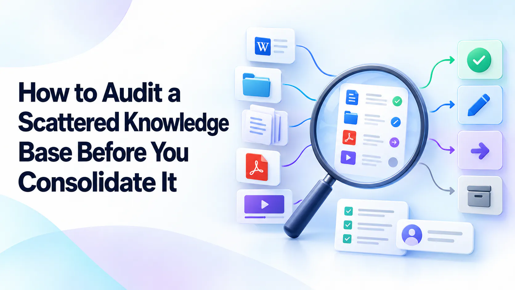 A magnifying glass reviewing documents, folders, PDFs, and recordings for keep, update, migrate, or archive decisions.