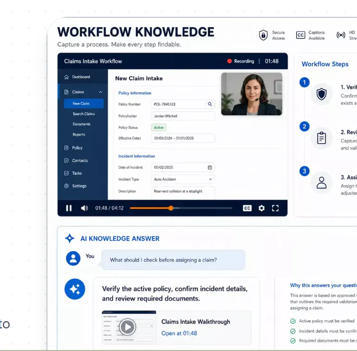 Screen-recorded enterprise workflow paired with supporting steps and an exact-source AI answer