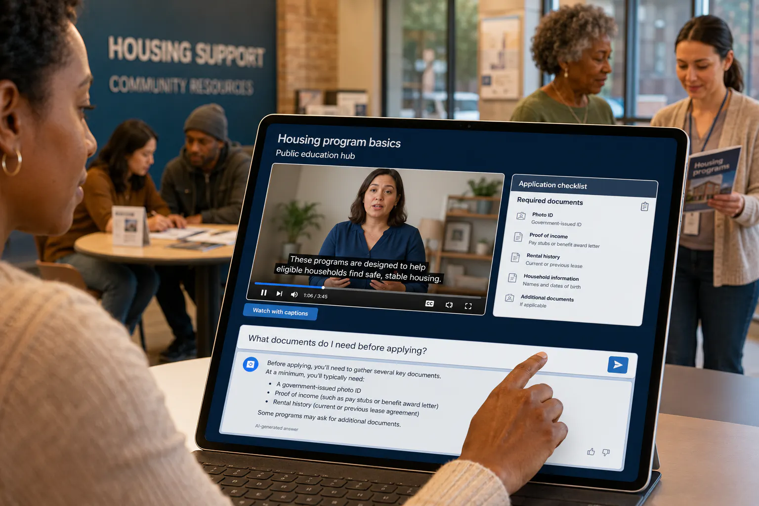 Public education hub with a captioned housing program video, required documents, and a searchable answer