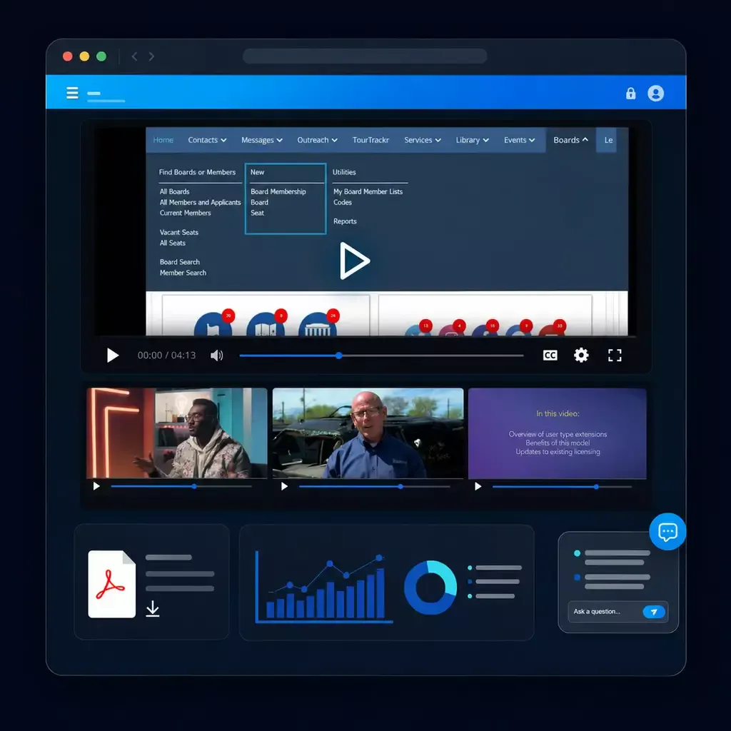 Branded hosted video page with supporting documents, access controls, analytics, and an AI assistant