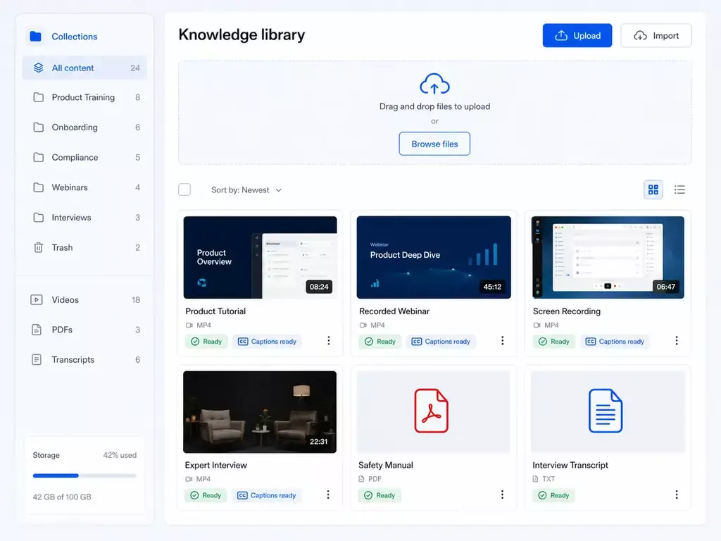 Add videos, transcripts, and PDF resources to an organized knowledge library