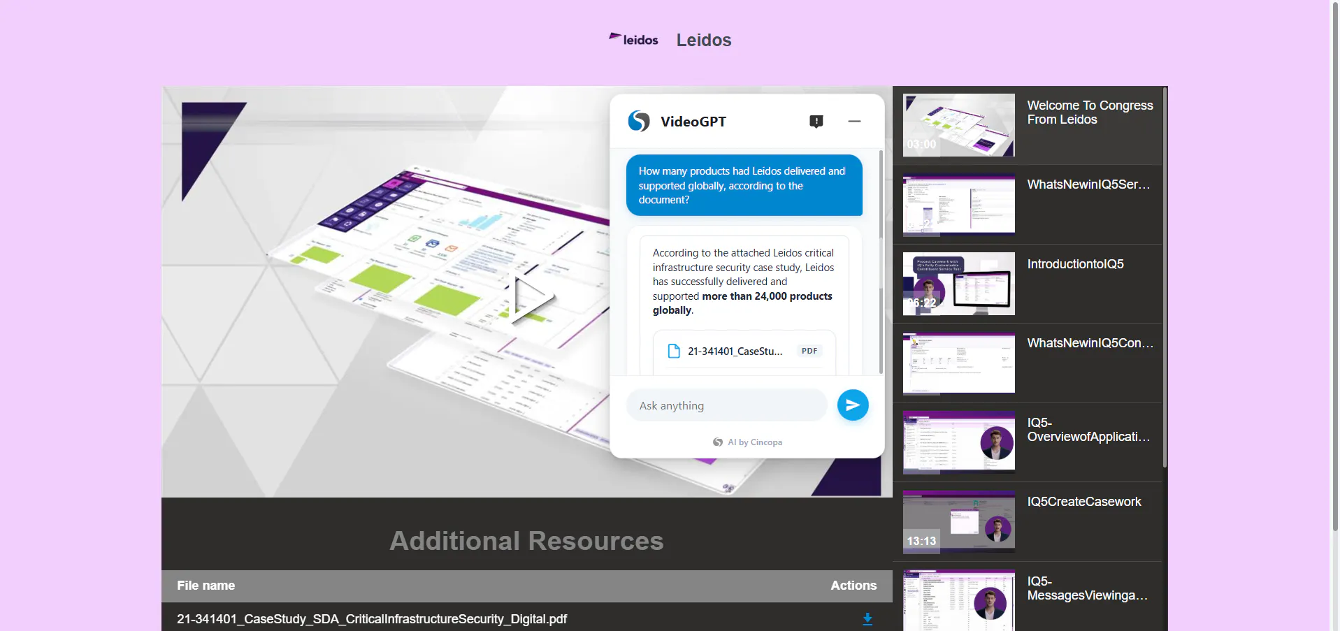 Spree Video Playlist displaying a Leidos software walkthrough with VideoGPT and additional resources.