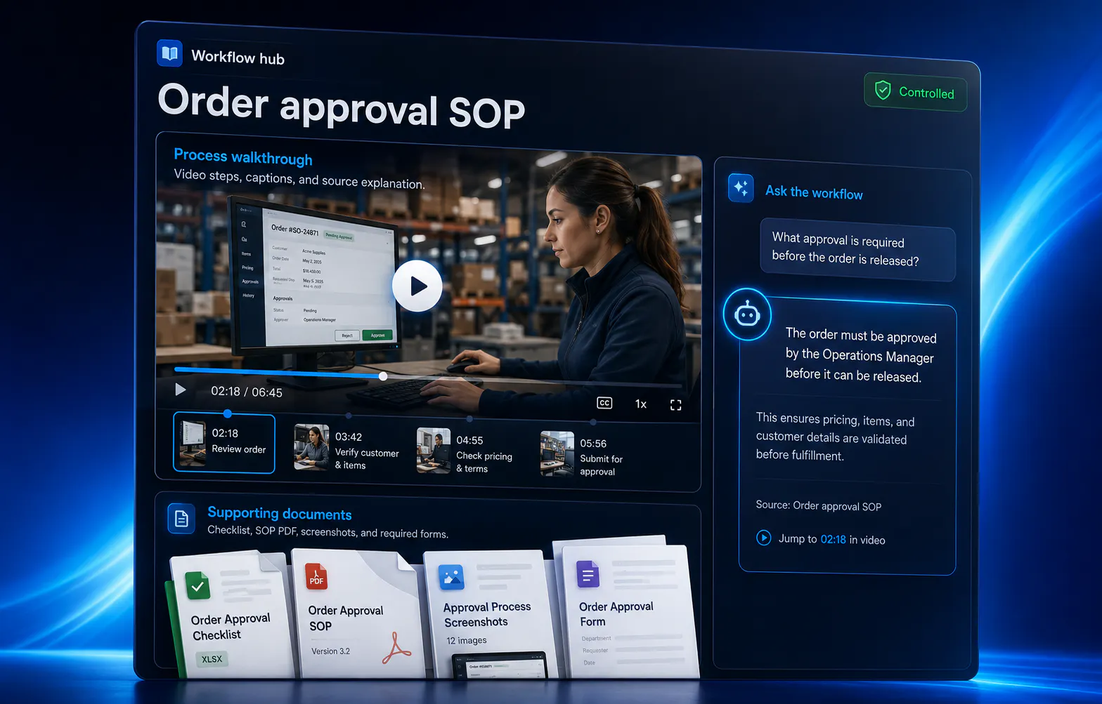 Internal order approval workflow combining process video, supporting documents, access controls, and an AI answer