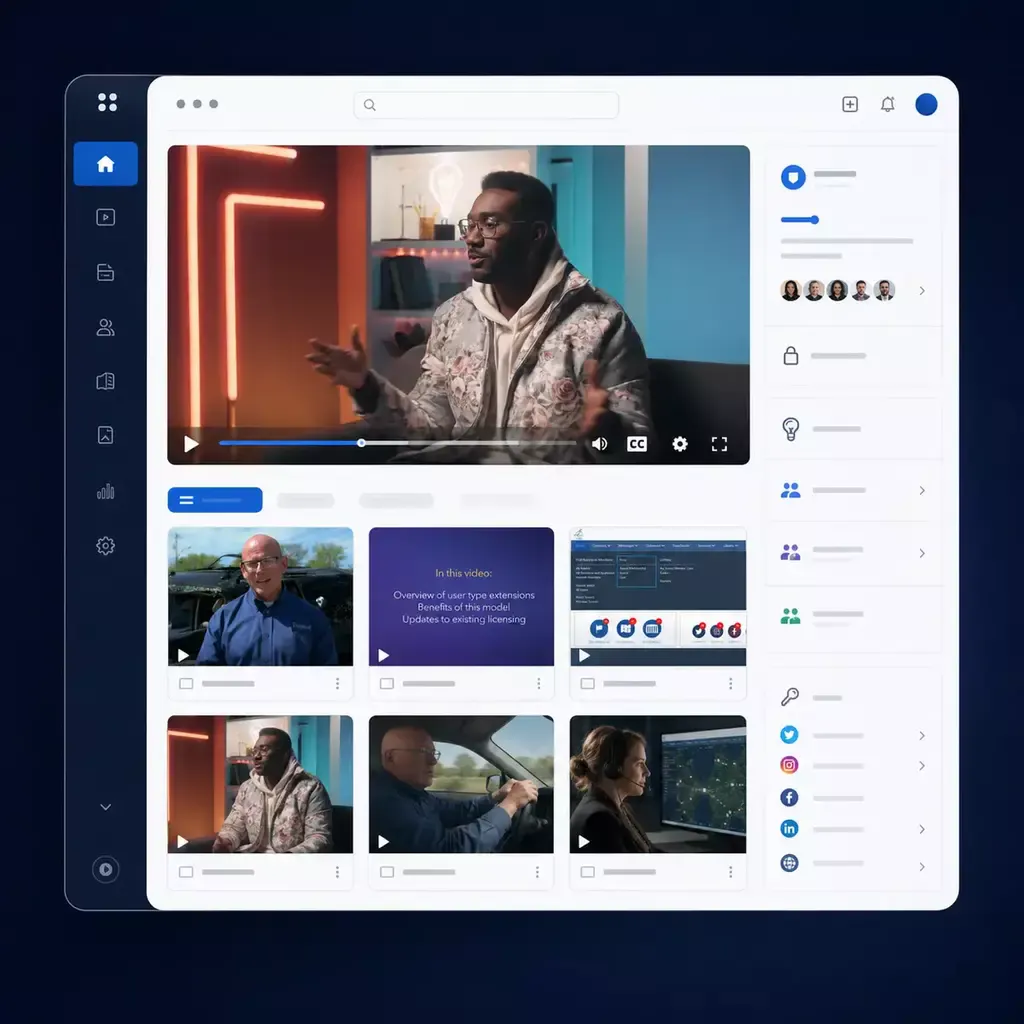 Video knowledge portal with organized channels, viewing progress, and permission controls