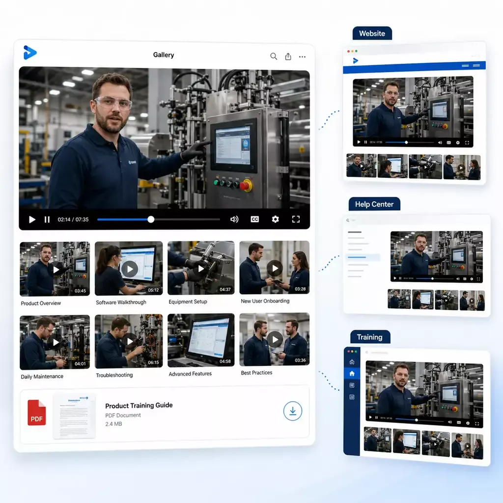 One video and document gallery reused across website, help center, and training portal layouts