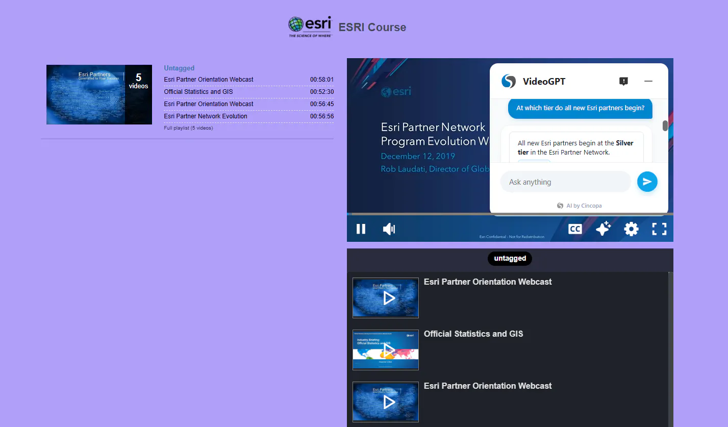 Video Academy showing an Esri course, playlist and VideoGPT conversation.