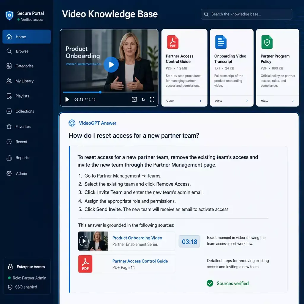 Secure enterprise video knowledge base with grounded answers and exact-moment playback