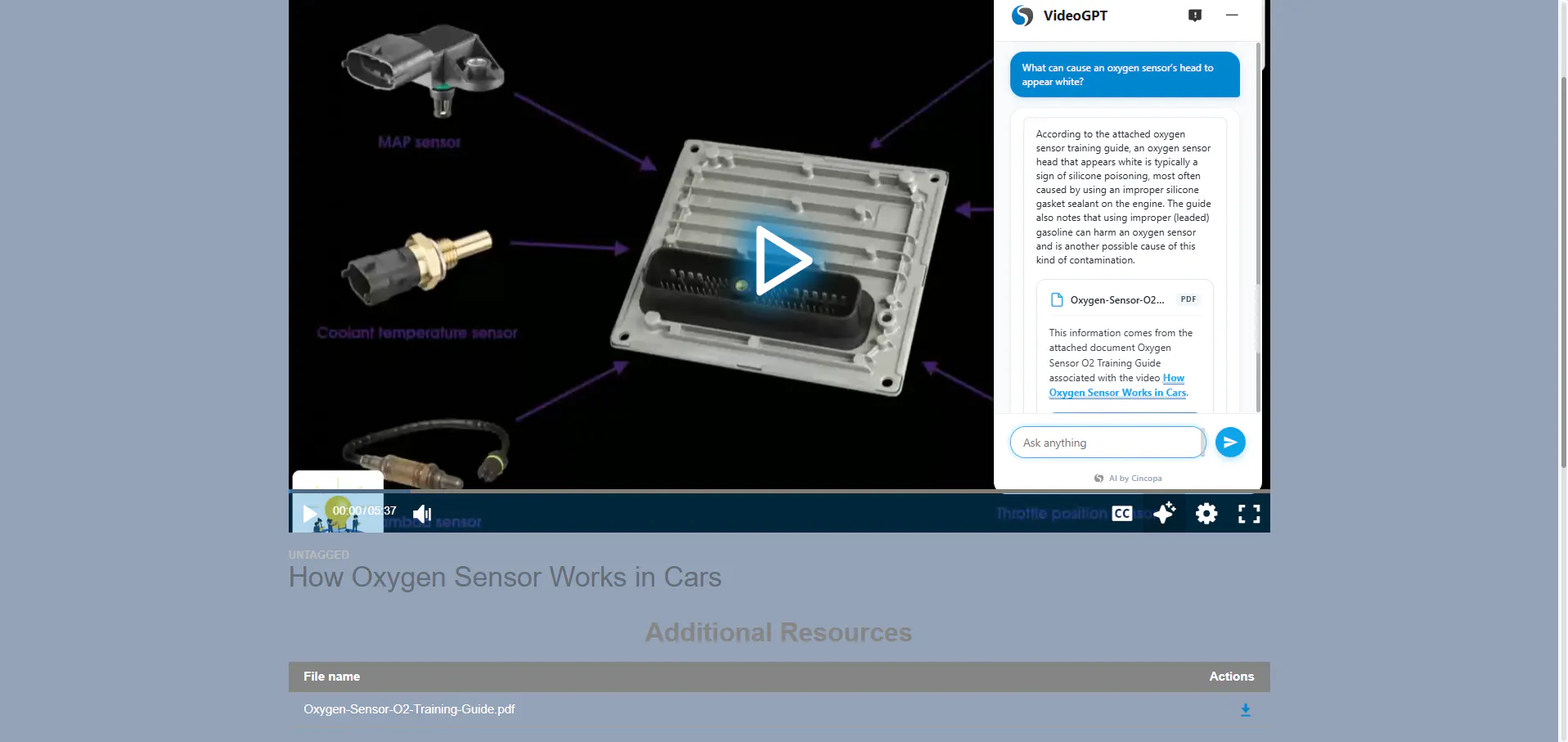 Video Portal displaying a technical demonstration, VideoGPT and an additional PDF resource.