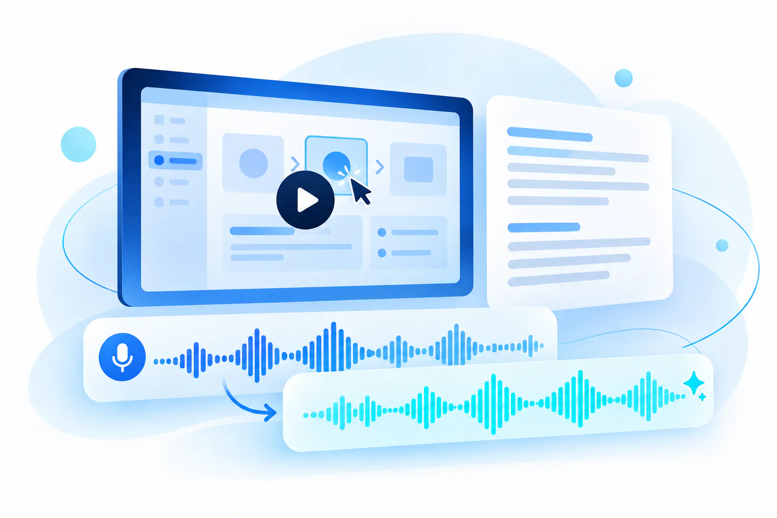 Conceptual illustration of a screen walkthrough, spoken explanation and transcript transformed into AI narration