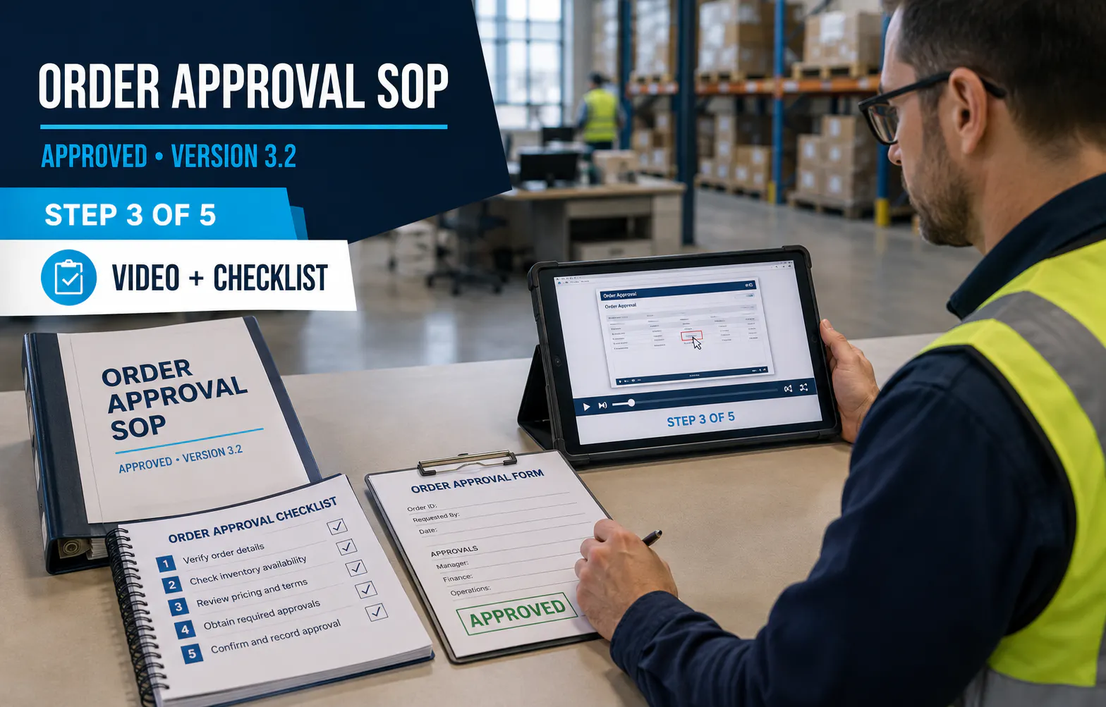 Employee following an order approval procedure with a video walkthrough, checklist, and supporting form