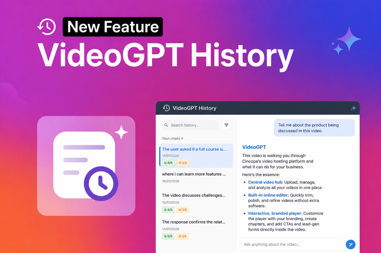 VideoGPT History conversation review interface