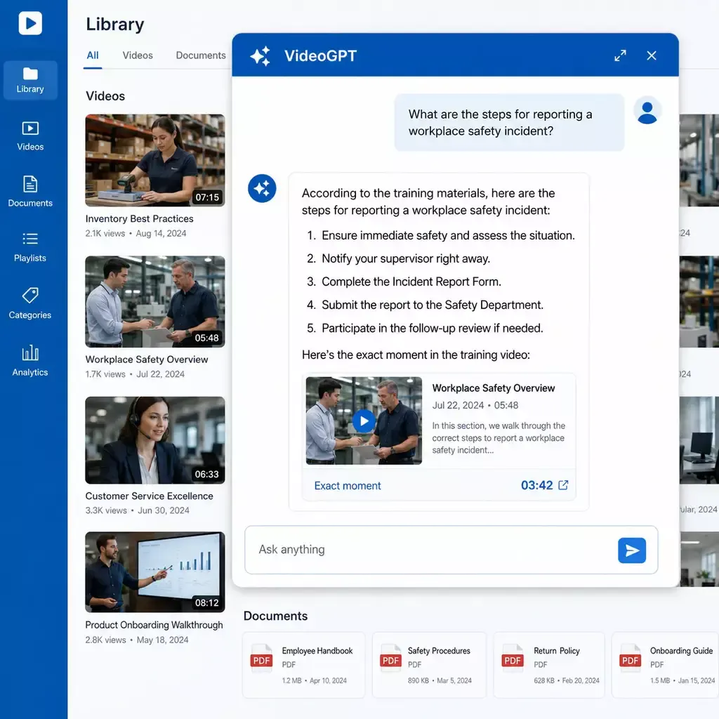 AI video search using VideoGPT to answer across training videos and documents with an exact-moment source
