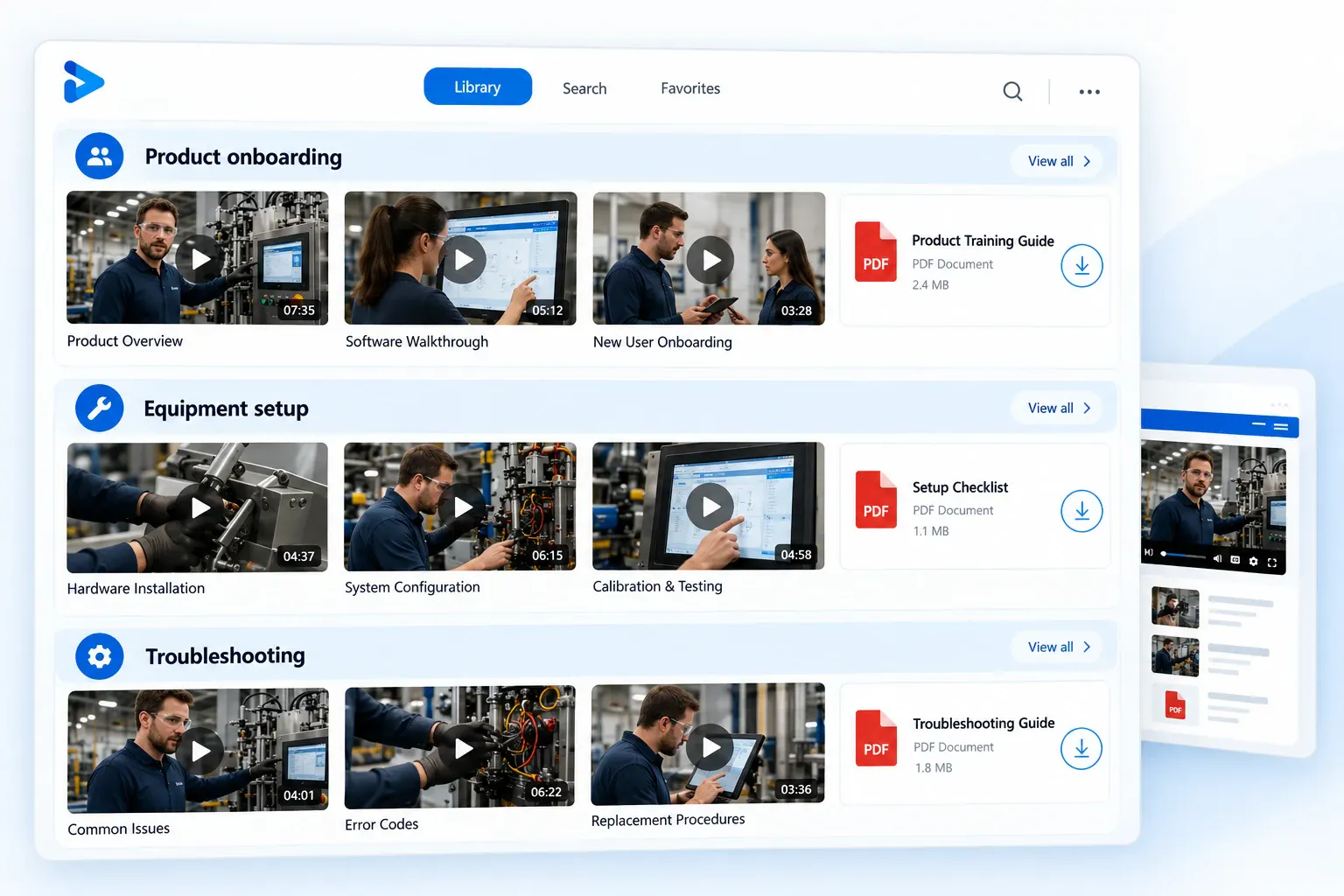 Videos and supporting documents grouped into Product onboarding, Equipment setup, and Troubleshooting gallery sections