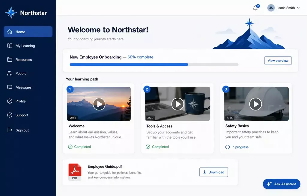 Training portal with onboarding videos and supporting documents