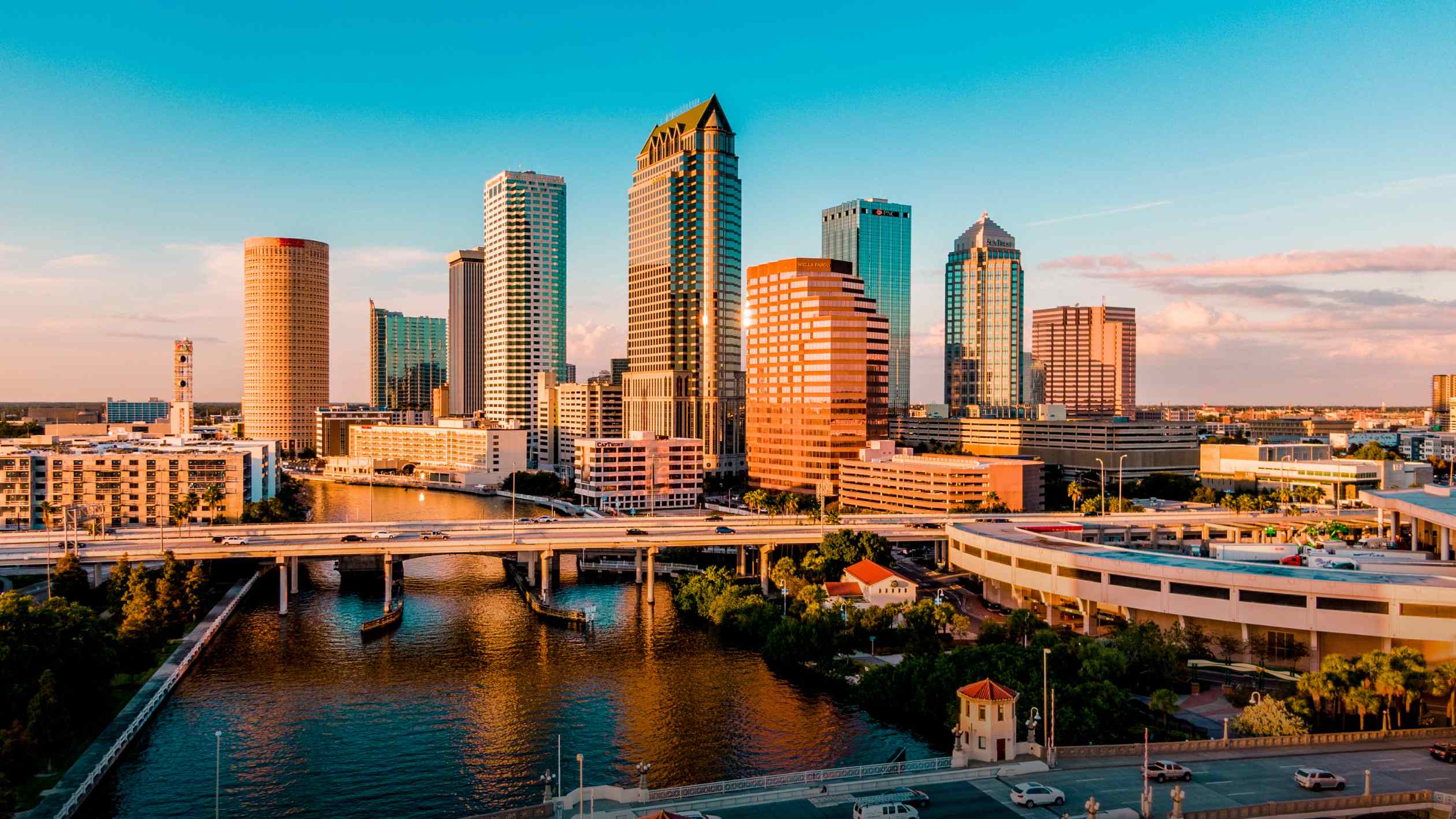 Tampa Bay city skyline at sunset