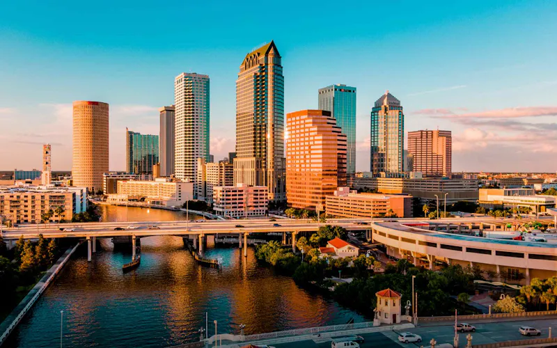 Tampa Bay city skyline at sunset