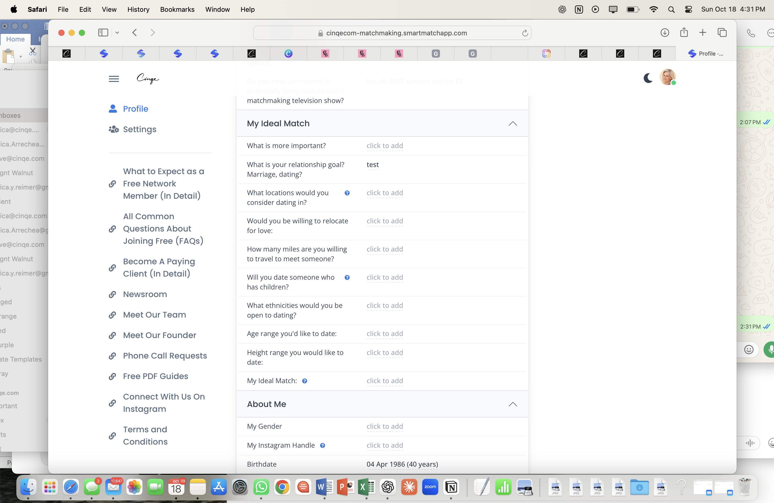 a screenshot of the cinqe network questionnaire for singles