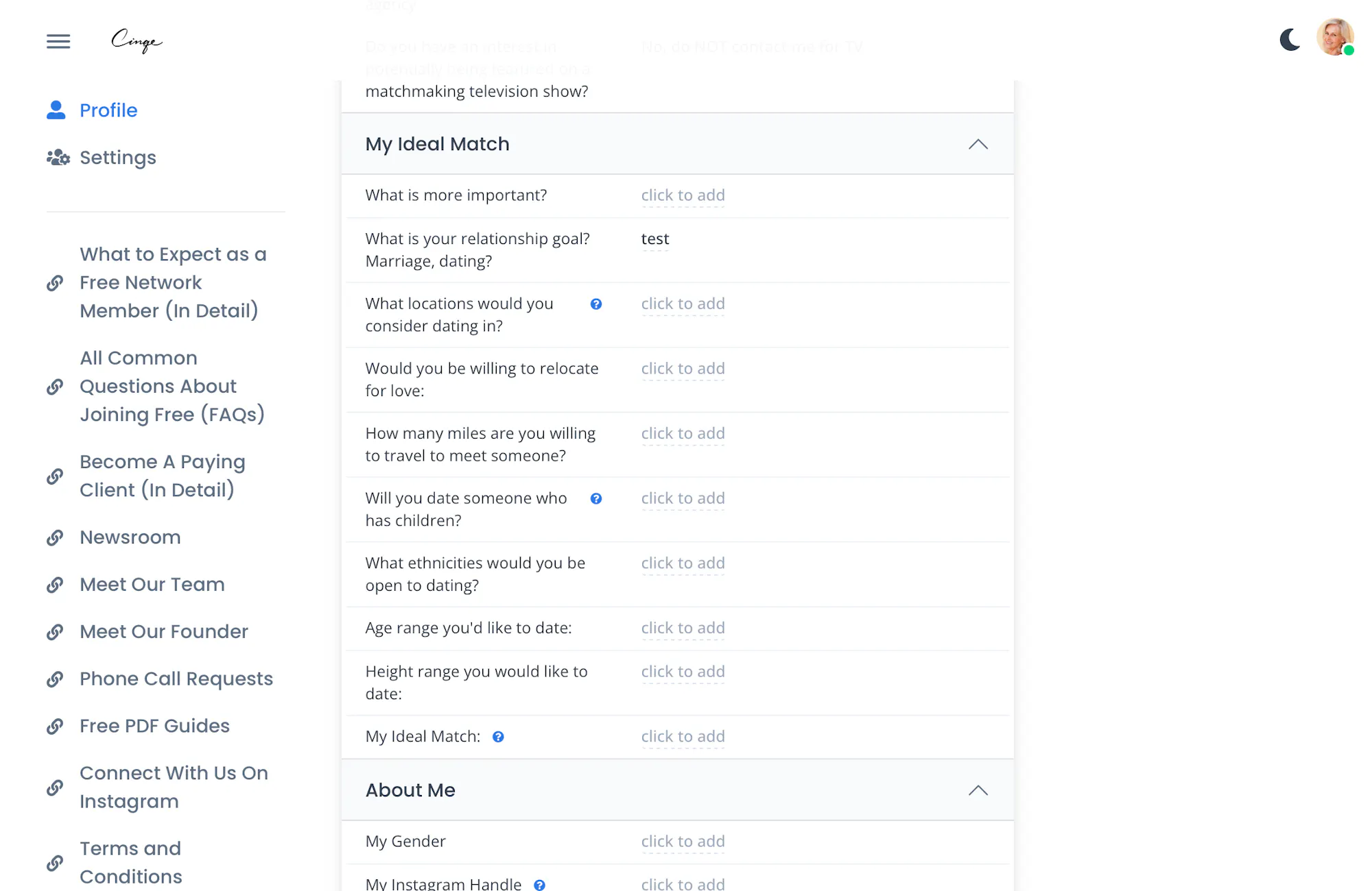 a screenshot of the cinqe network questionnaire for singles