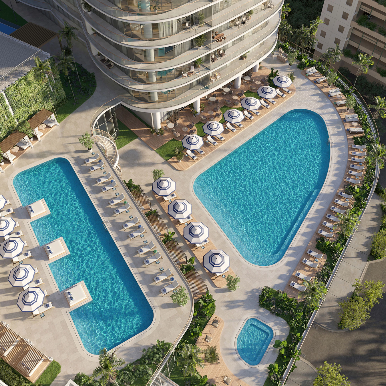 Cipriani Residences Miami — Cubierta resort con dos piscinas y cabañas (representación artística)