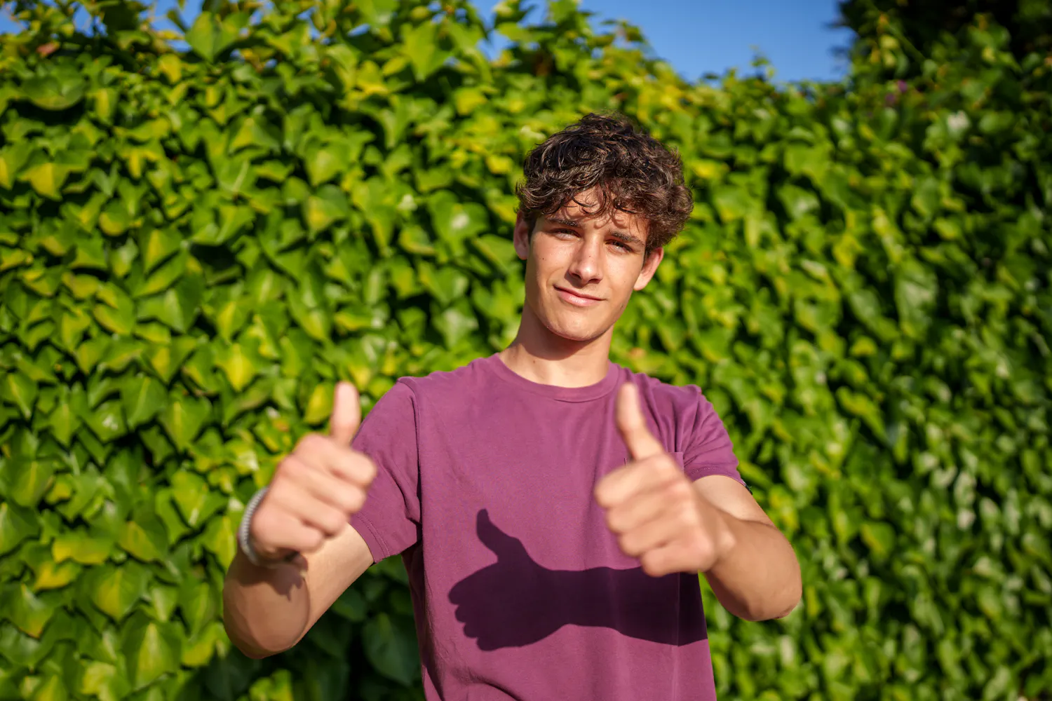 Homme faisant deux pouces en l'air devant un grand buisson vert.