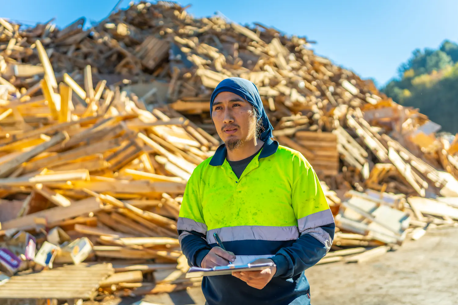 Homme en tenue fluo de travail au milieu de piles bois dans une déchèterie.