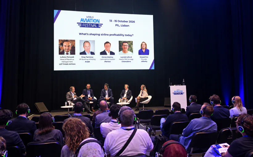 picture of the panel from World Aviation Festival 2026 featuring Laurent Lebard head of Revenue Management at CitizenPlane.