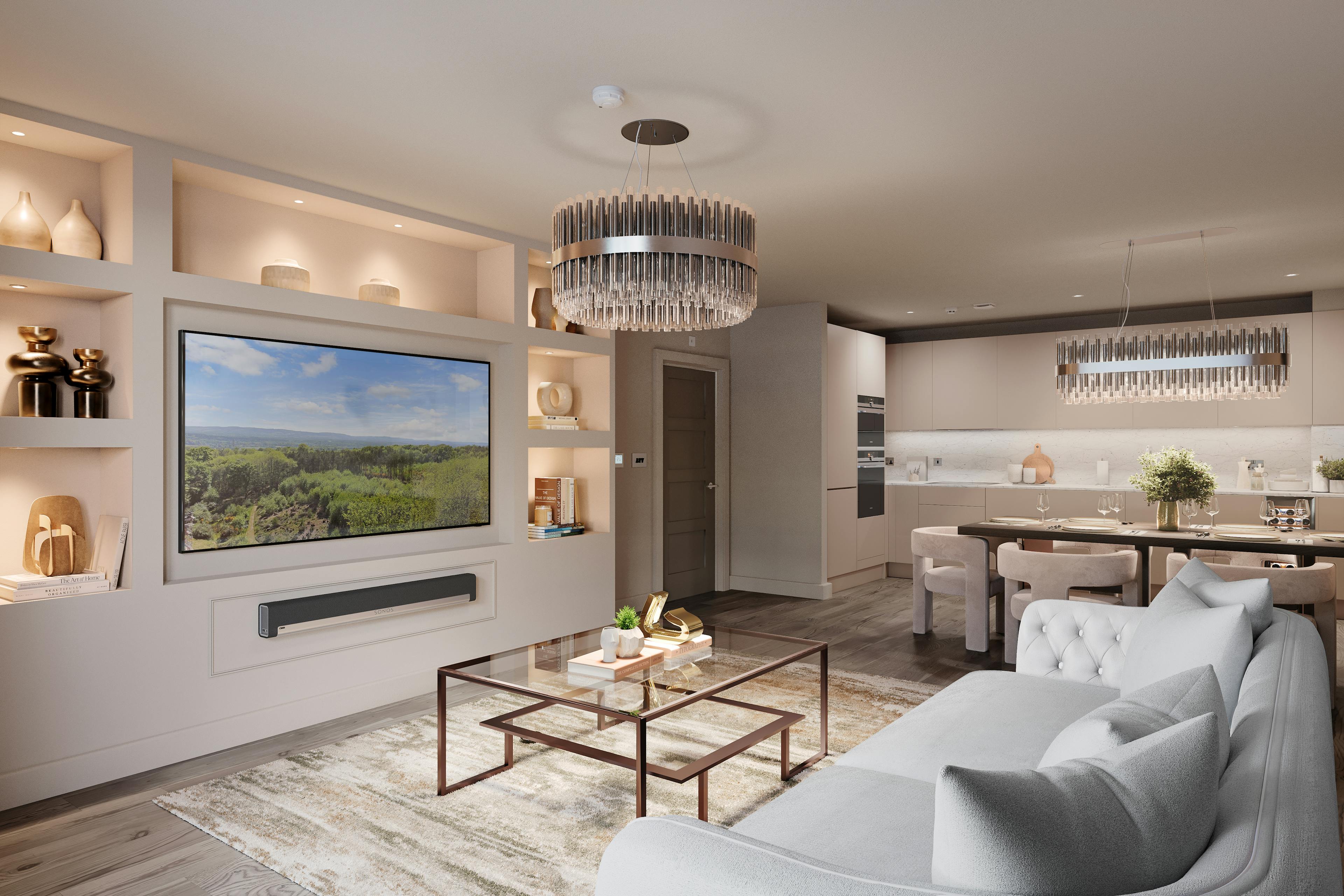 Caption: a living room filled with furniture and a flat screen tv