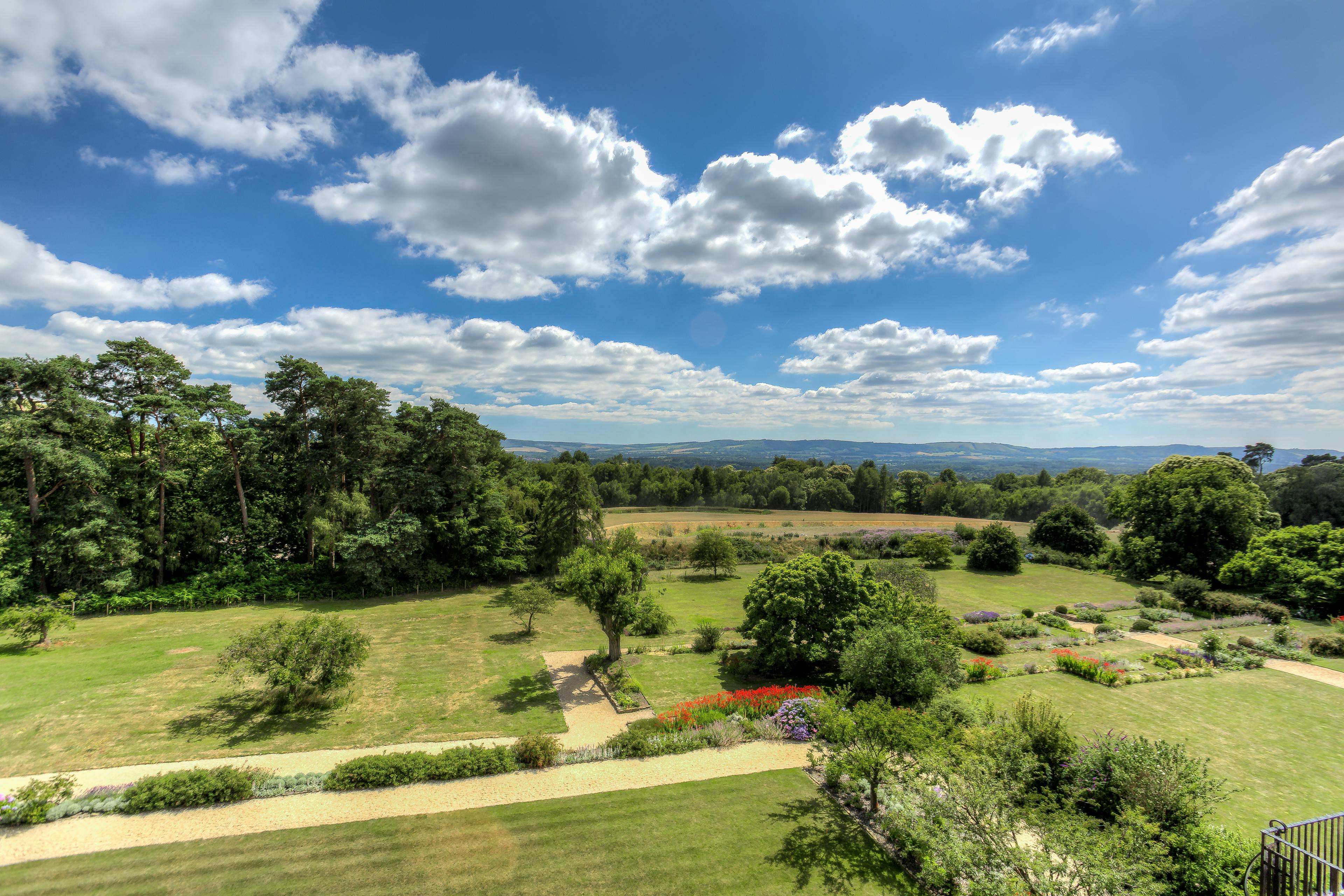 Caption: a lush green field surrounded by trees and a blue sky
