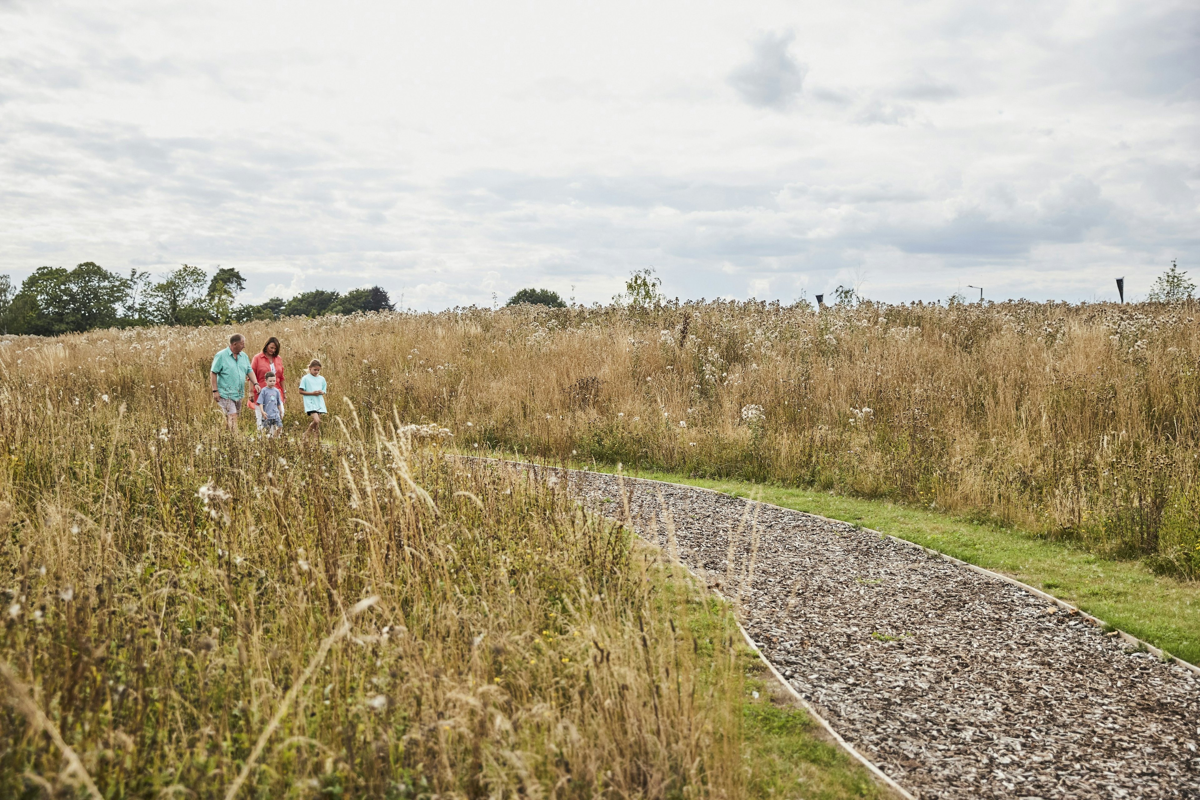 Grandparents with grandchildren walking on a manmade path through grassland.