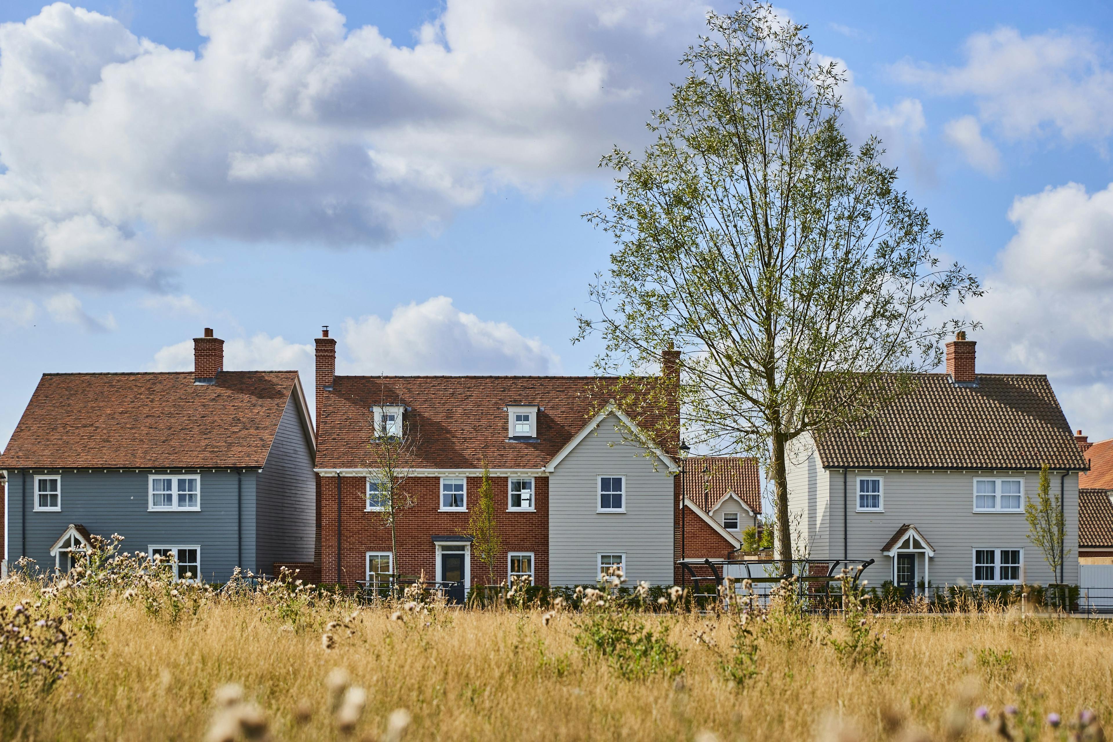 A row of houses next to a field