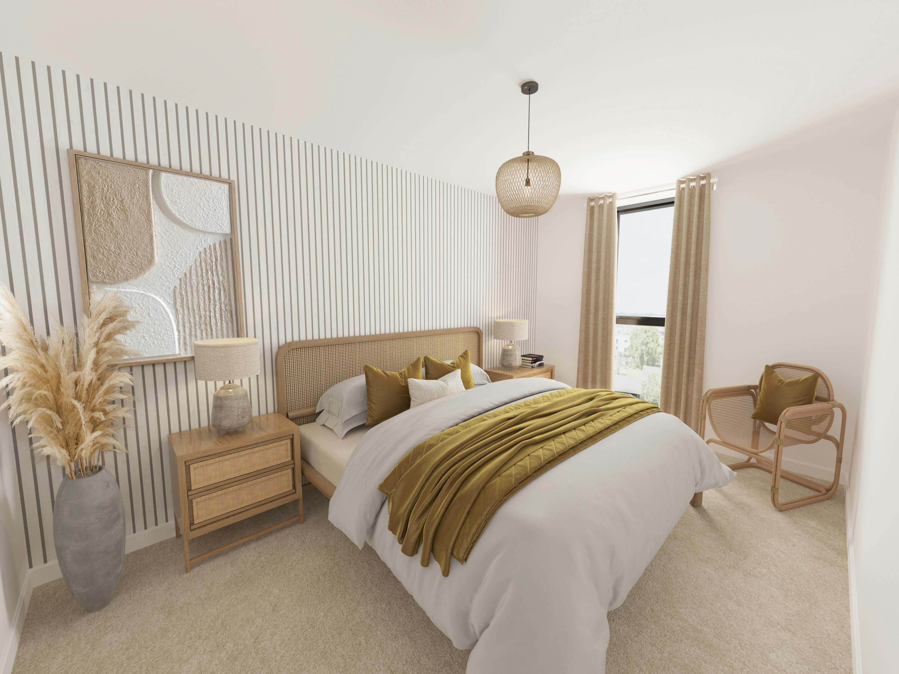 Caption: a bedroom with a large bed and a large window