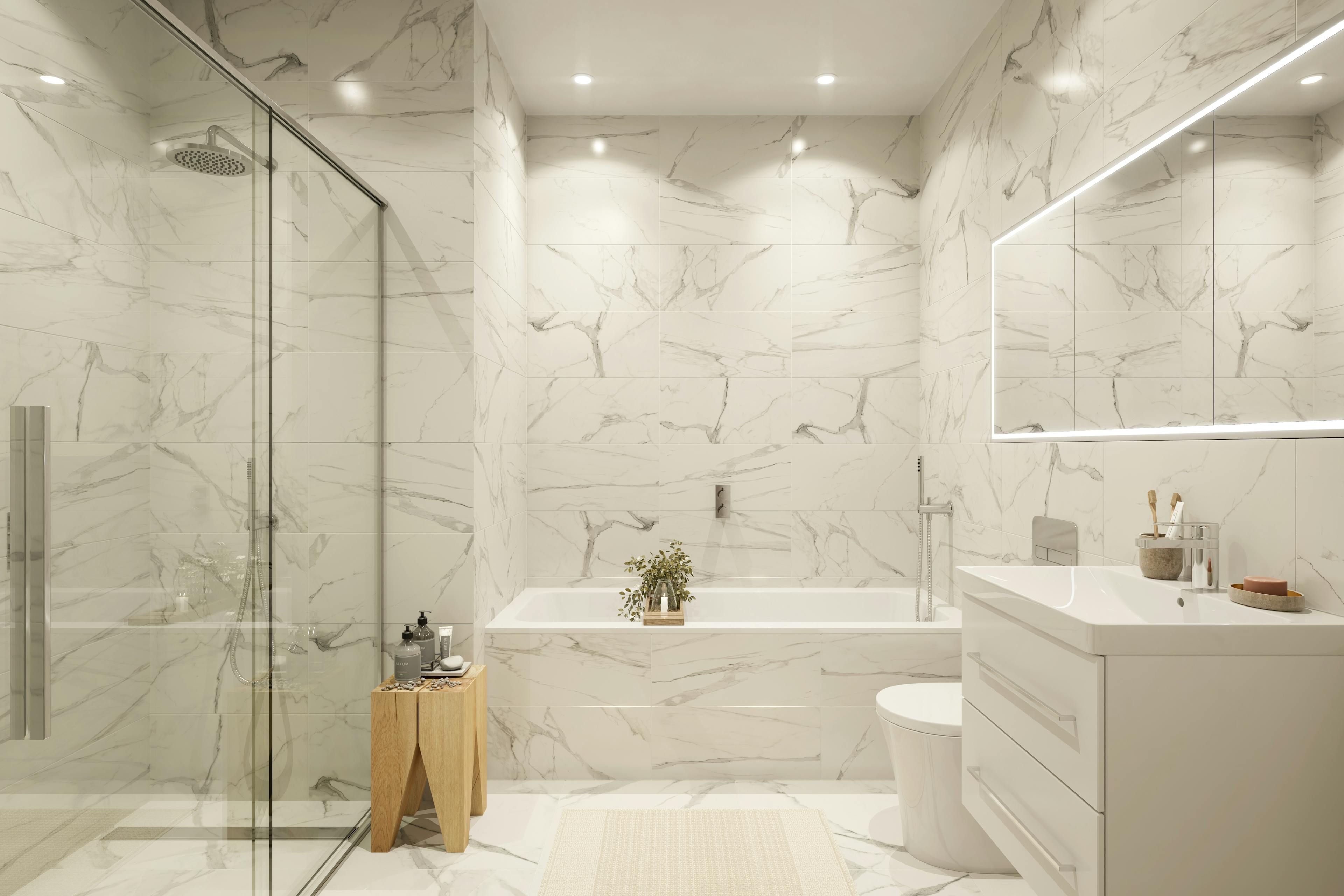 Caption: a bathroom with a white marble floor and walls