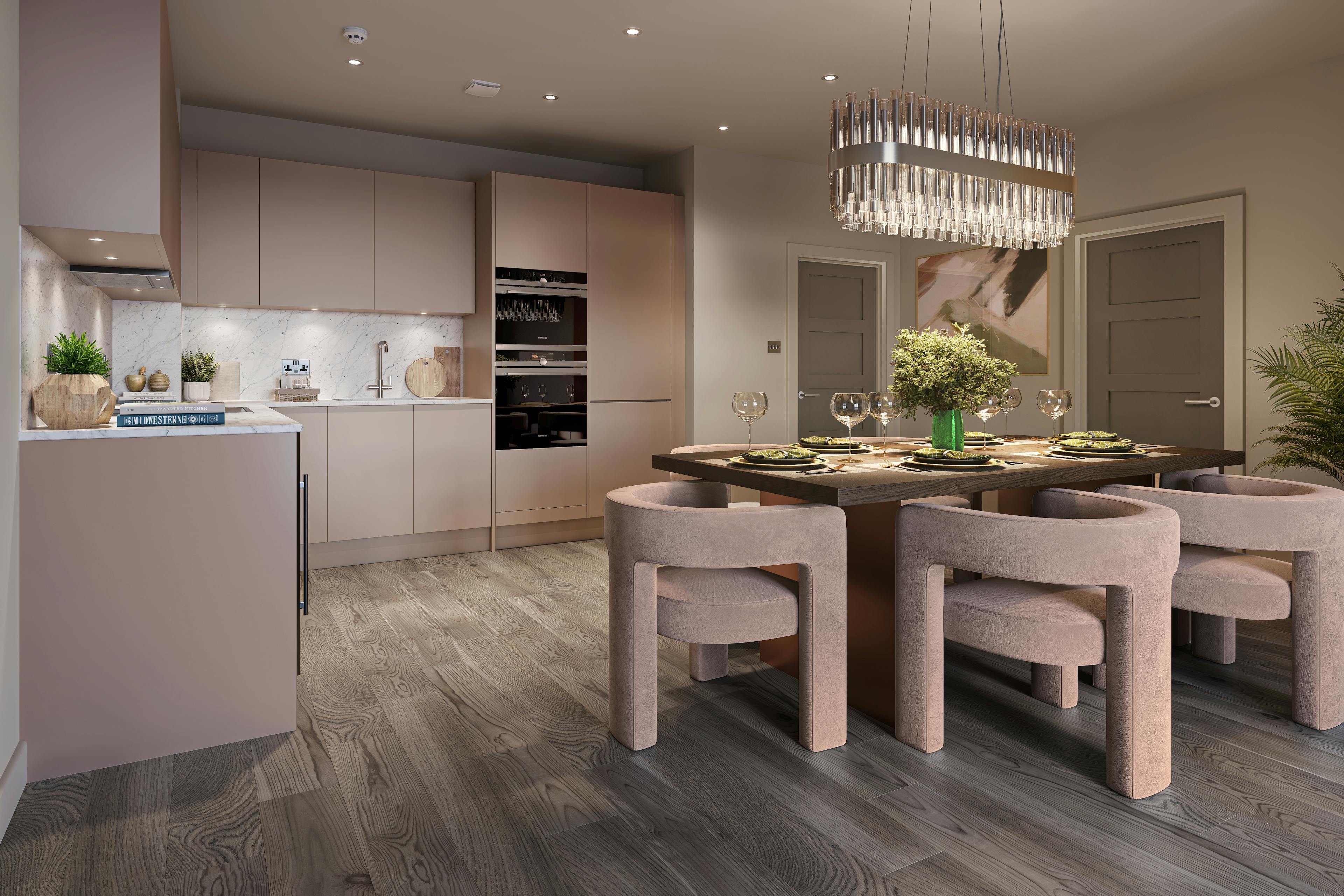 Caption: a dining room with a table and chairs