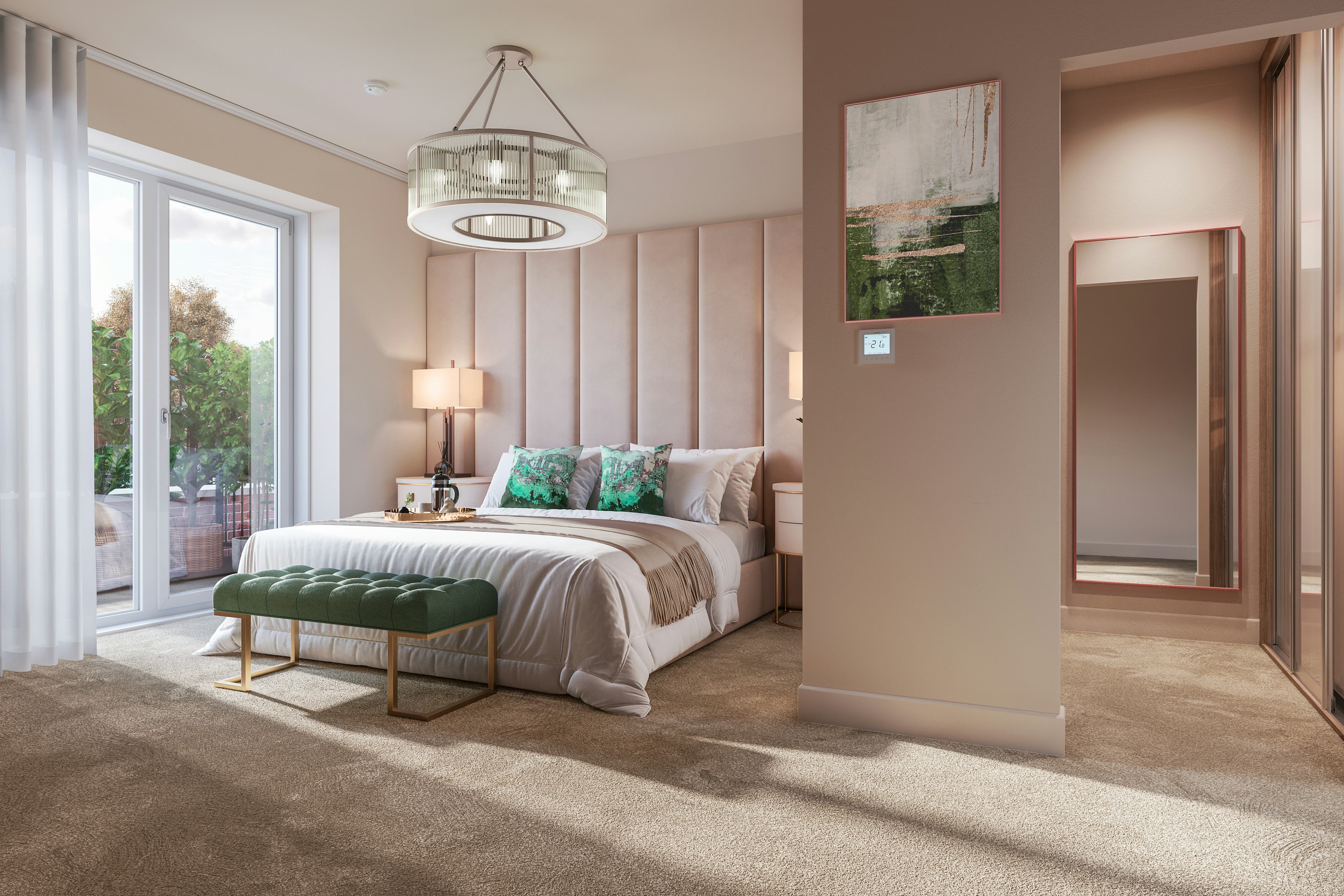 Caption: a bedroom with a large bed and a large window