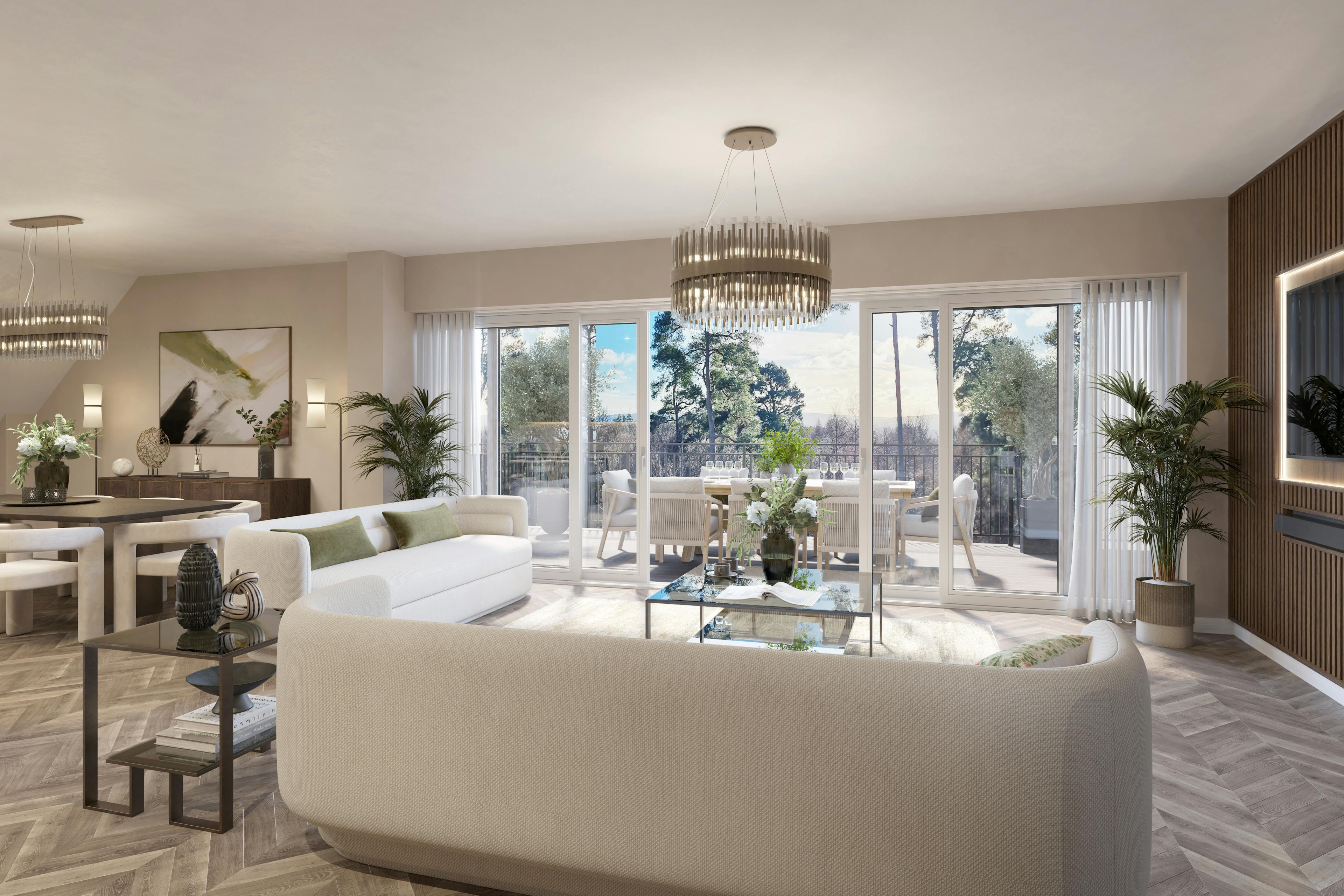 Caption: a living room filled with furniture and a large window