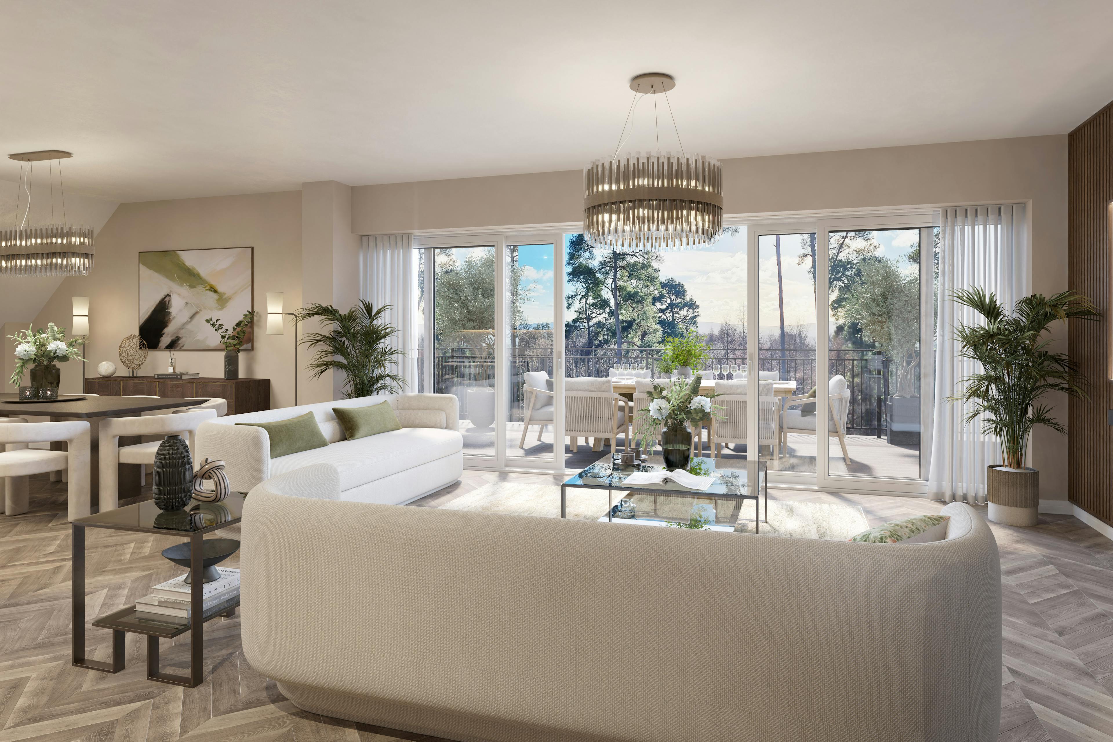 Caption: a living room filled with furniture and a large window