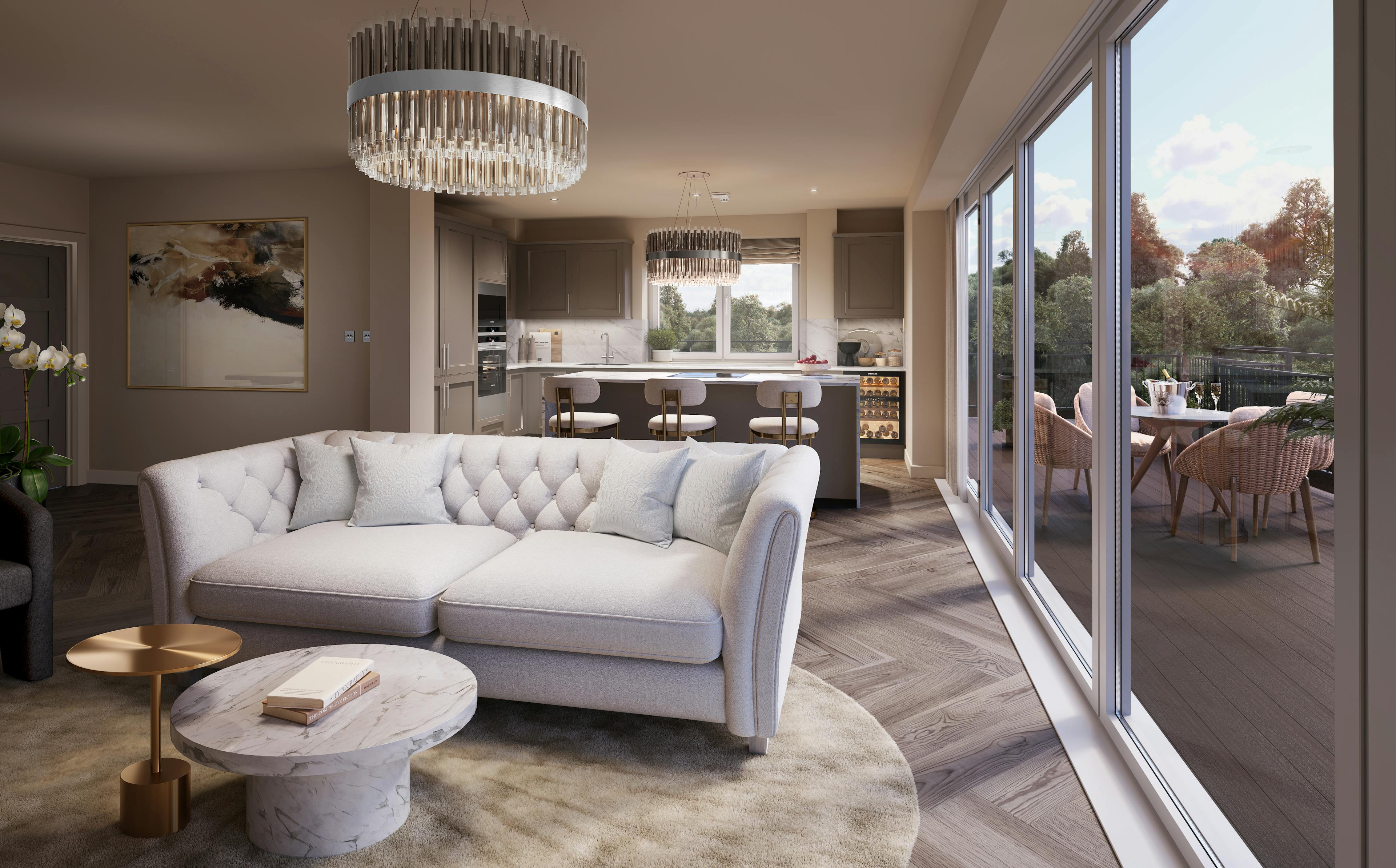 Caption: a living room filled with furniture and a large window