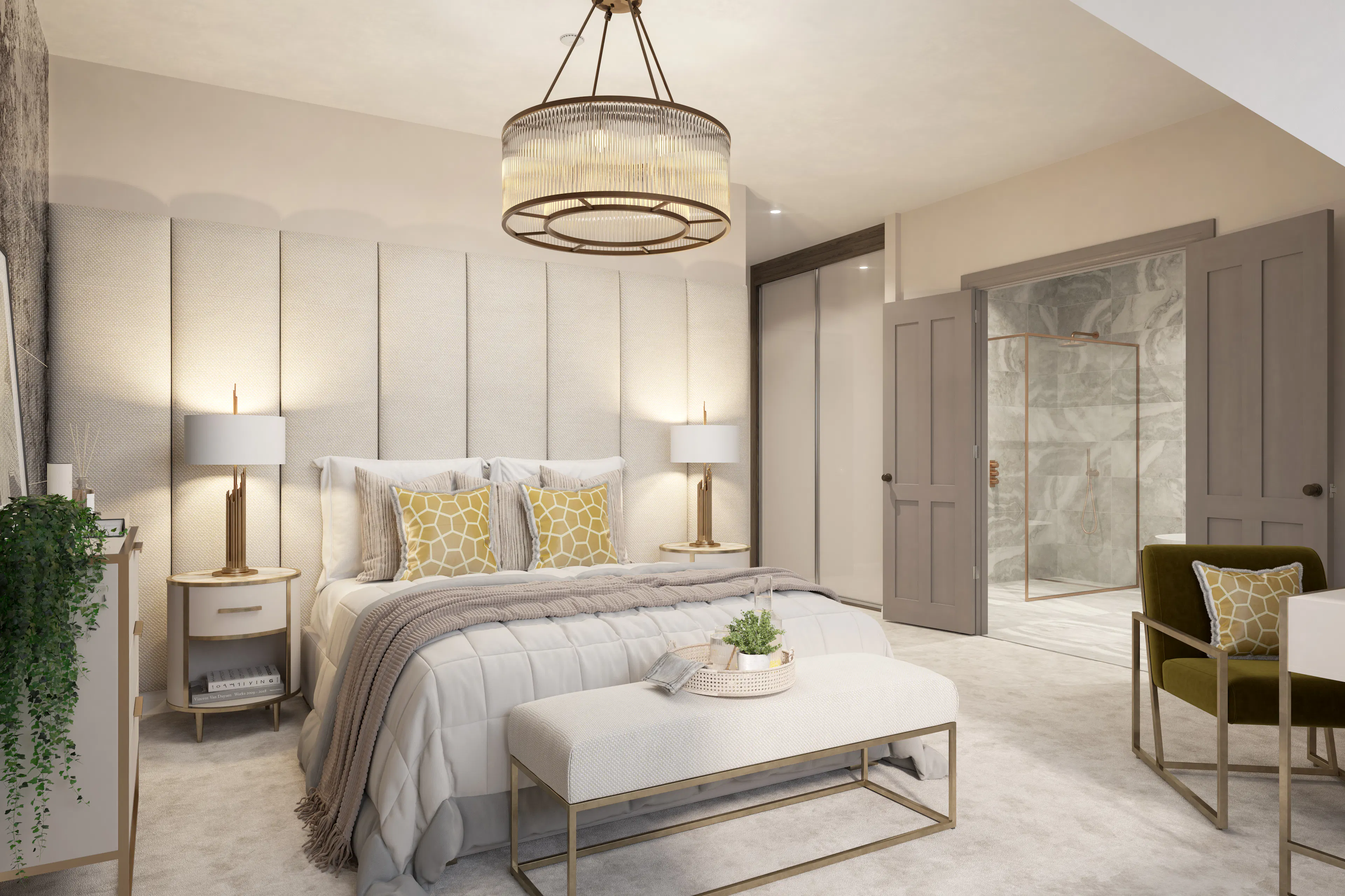 Caption: a bedroom with a bed, a table and a chair